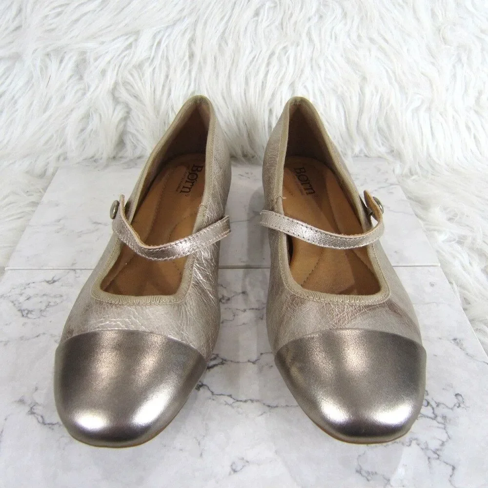 BORN Batti Mary Jane Leather Flats Metallic Light Gold Bronze Combo Size 7M NWOB